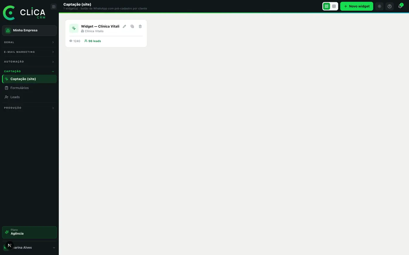 Widget de captação de leads do CLICA CRM no site