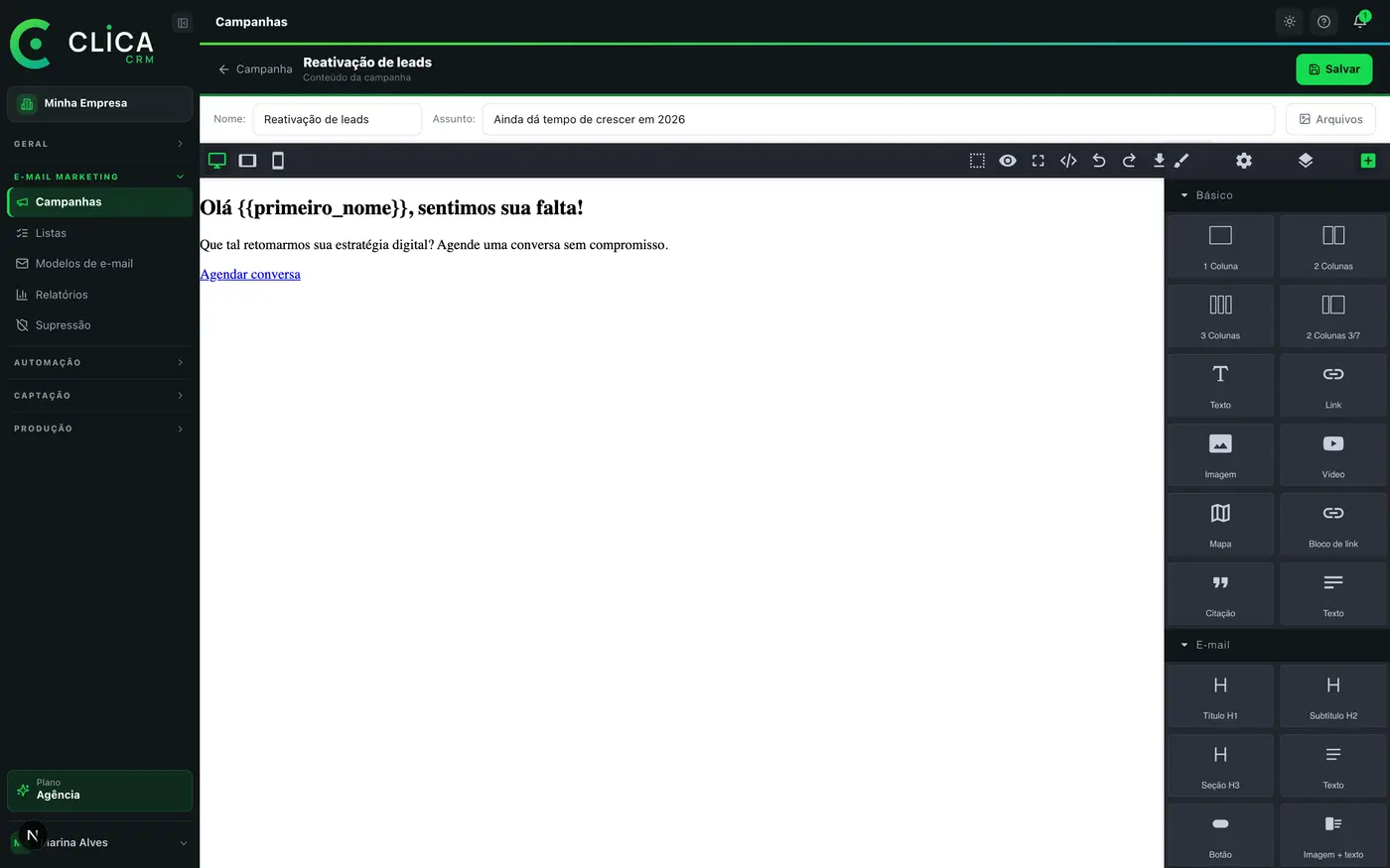 Editor de campanha no CLICA CRM, com listas e supressão no menu, alternativa à lista de transmissão do WhatsApp