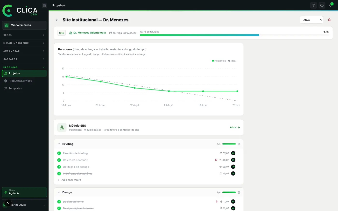 Tela de Projetos no CLICA CRM