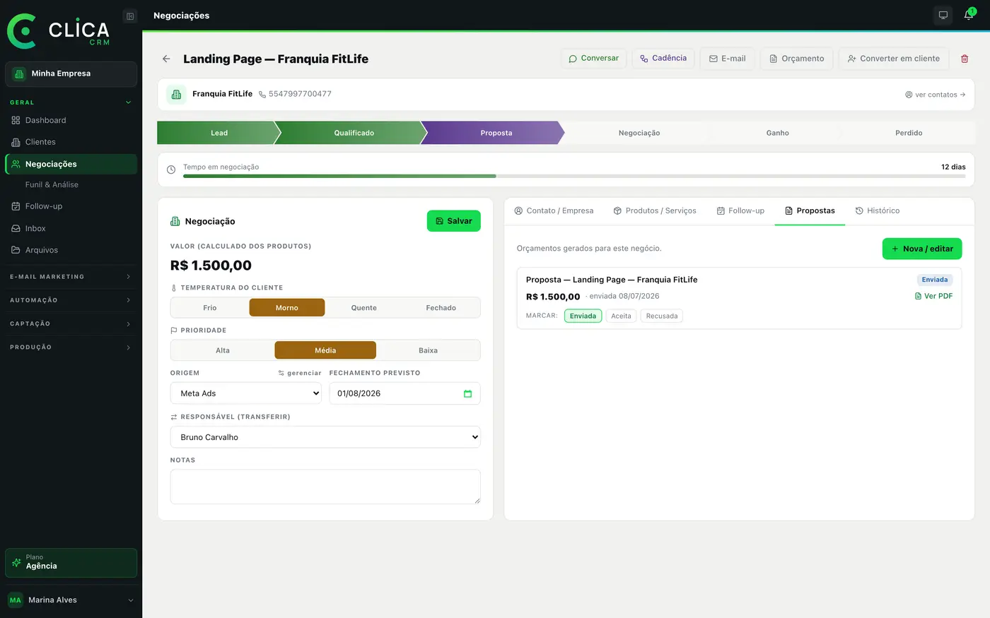 Tela de Propostas no CLICA CRM