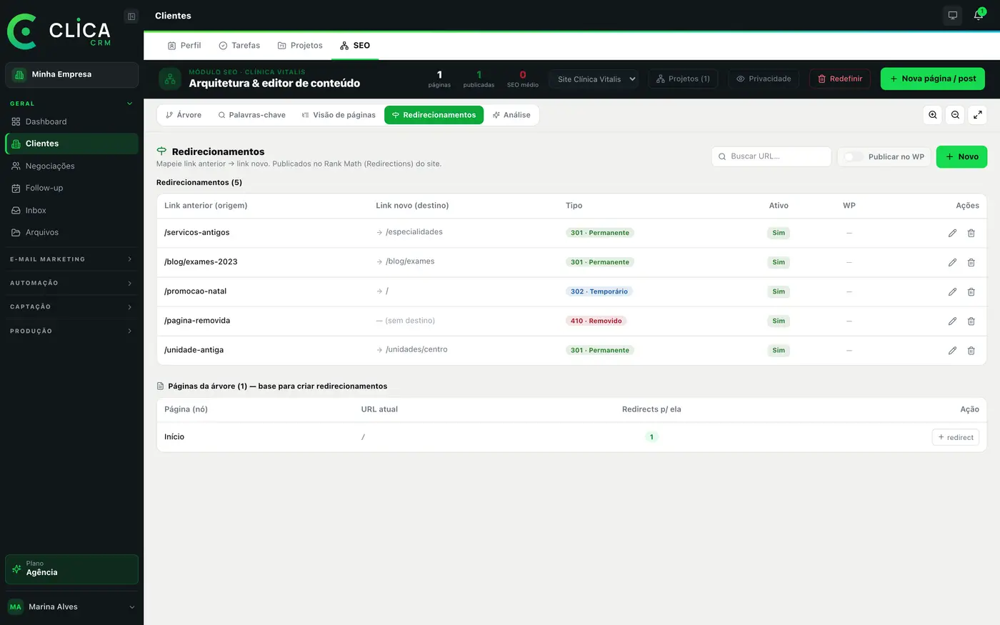 Tela de SEO no CLICA CRM