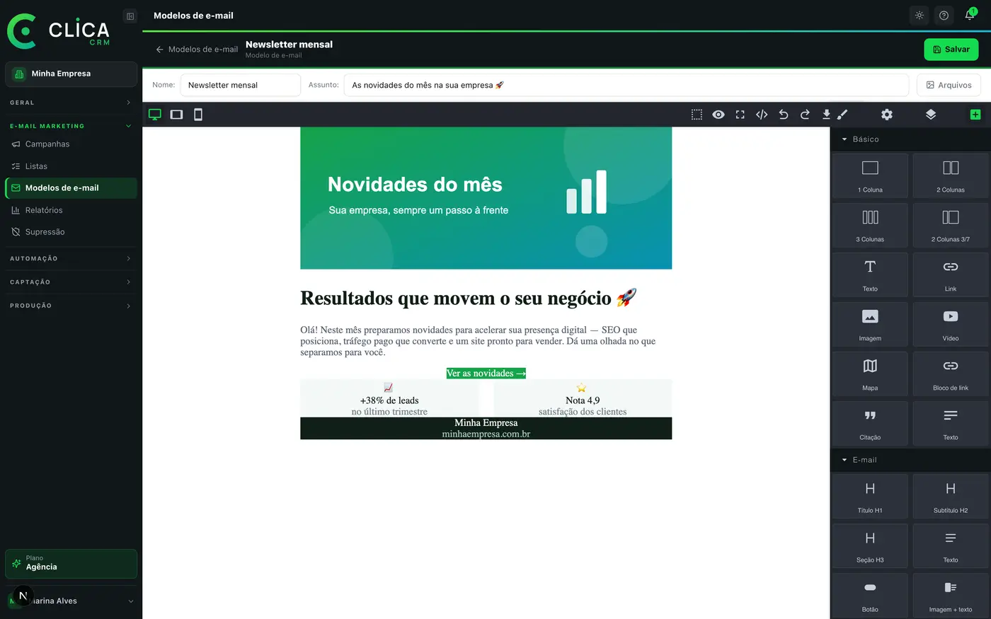 Editor de e-mail do CLICA CRM, onde o rodapé com o link de descadastro entra automaticamente em cada envio
