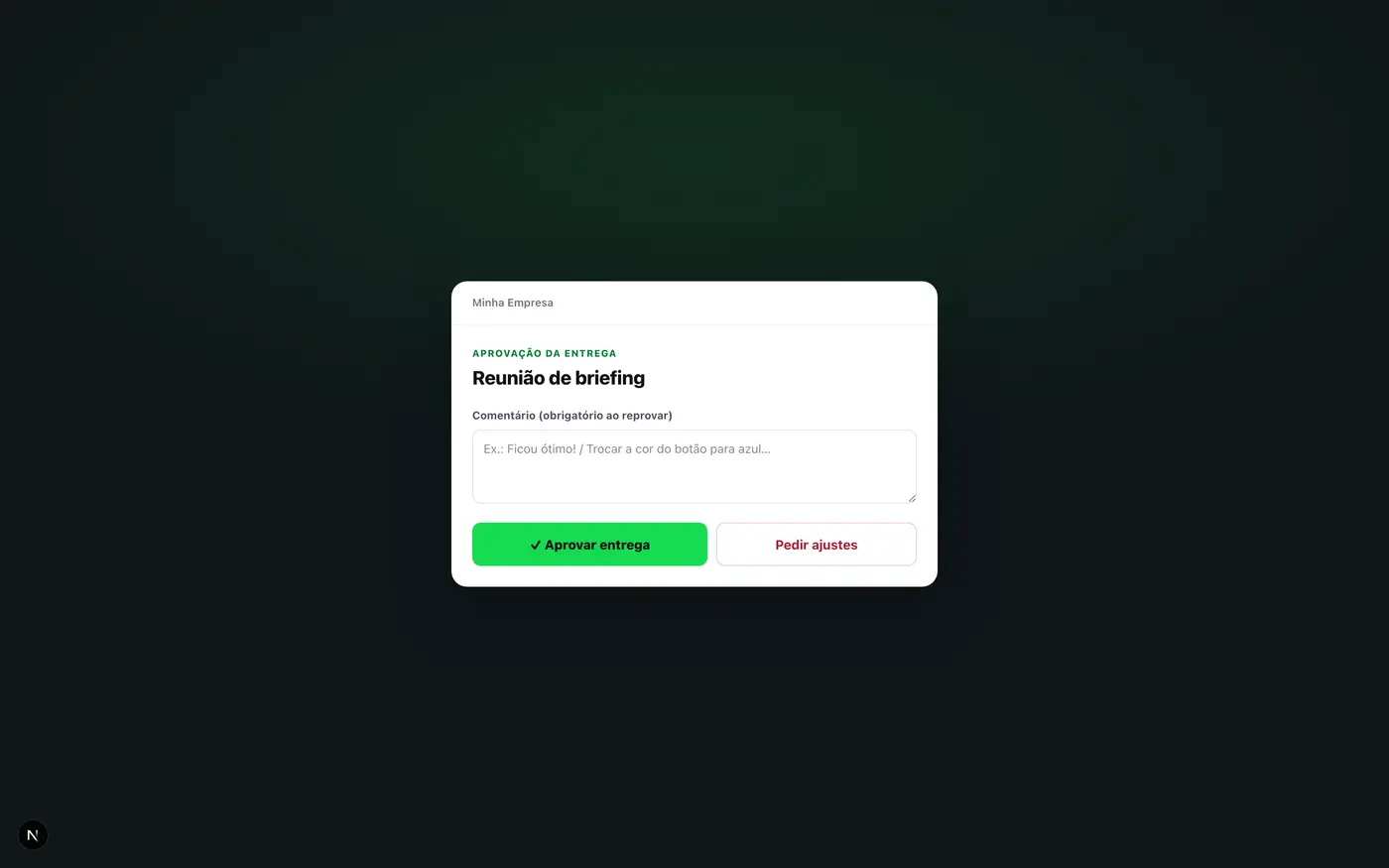 Tela pública de aprovação de entrega do cliente no CLICA CRM