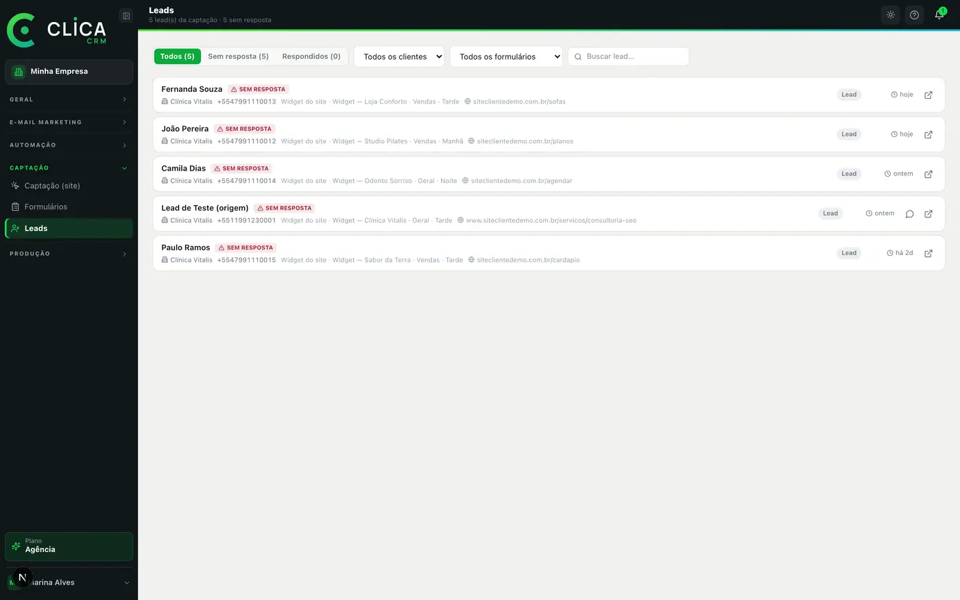 Lista de leads com origem, campanha e status: a tela que mostra como qualificar um lead antes do primeiro contato