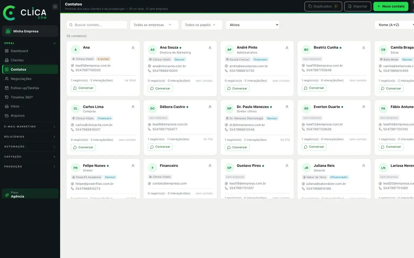 Tela de Gestão de contatos no CLICA CRM