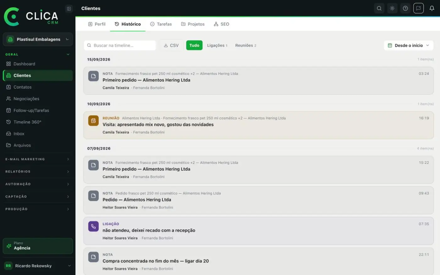 Aba Histórico do cliente no CLICA CRM, onde o pós-venda no CRM continua depois do negócio ganho