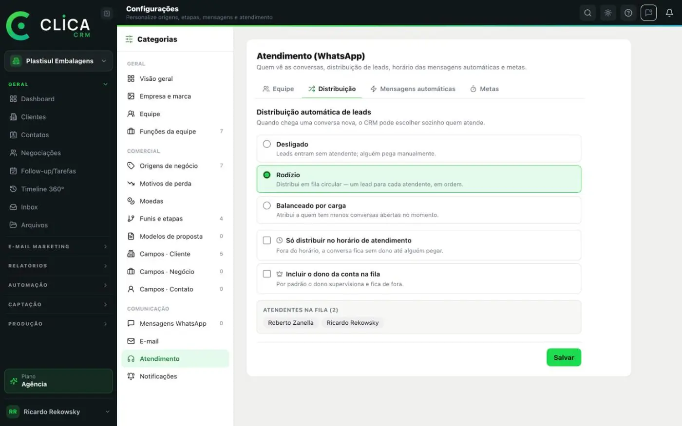 Configuração de distribuição automática de leads no CLICA CRM: desligado, rodízio ou balanceado por carga, com opção de só distribuir no horário de atendimento